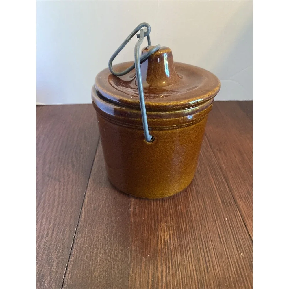 Vintage Cheese Crock with Locking Wire‎ Bail Lid Dark Brown Glaze Jar